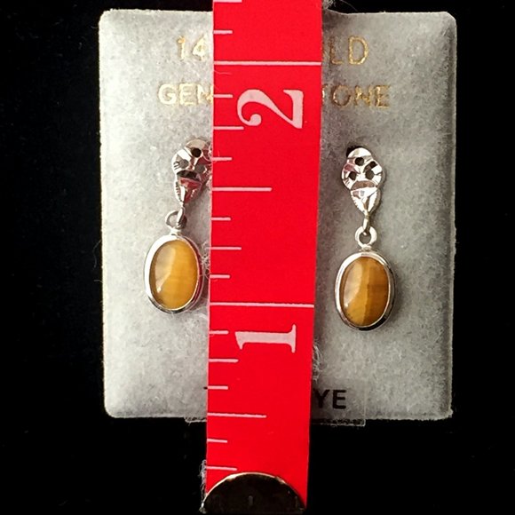 VTG UNWORN White Gold + Tiger Eye Pierced Dangling Earrings NIB - Picture 4 of 7